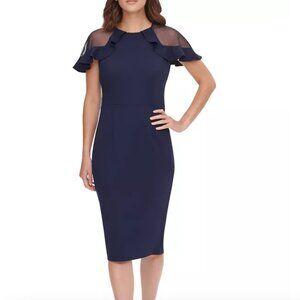 Eliza J Sheer Ruffle Shoulder Cocktail Sheath Dress Women's 6 Midi Formal
